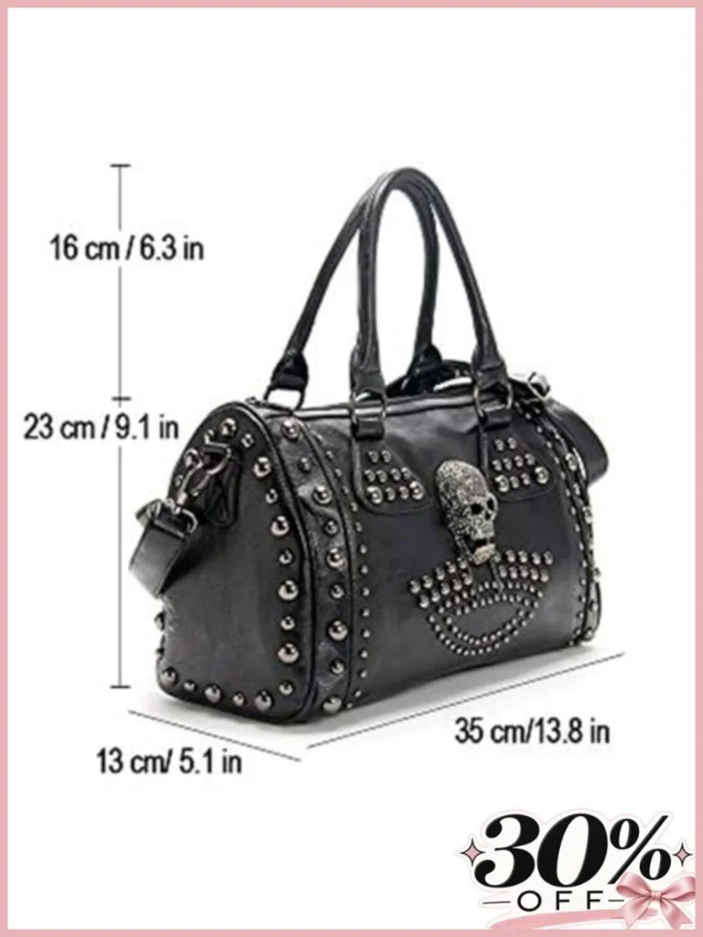 Gothic Skull Shoulder Bag Faux Leather Large Capacity Handbag with Studs